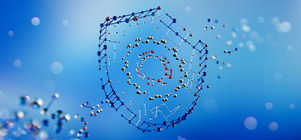 Blauwe moleculen die een schildsymbool creëren. 